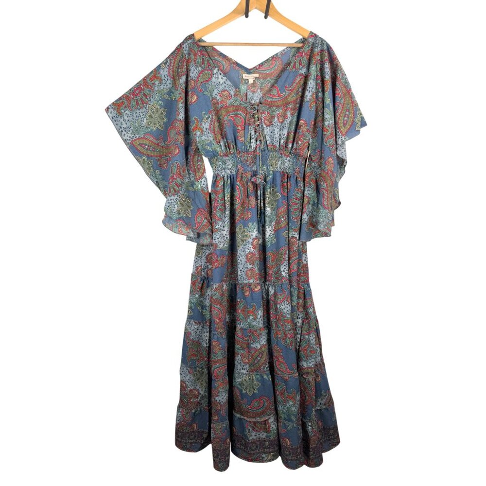 Revolve Boemo Floral Paisley flutter sleeve smocked Goddess dress boho blue
